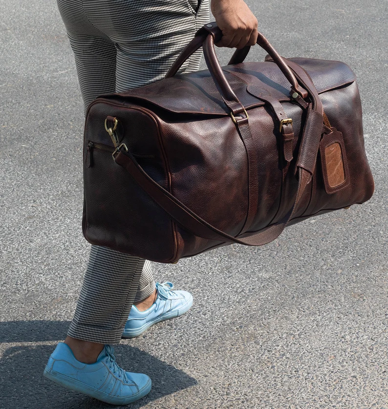 Full Grain Leather Duffle Bag Men|Large Leather Weekender Bag|Handmade Buffalo Leather Holdall|Personalized Travel Overnight Bag For Husband