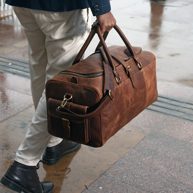 Full grain leather duffle bag Personalised gifts for him Monogrammed leather weekender bag Leather holdall Overnight travel bag gift for men