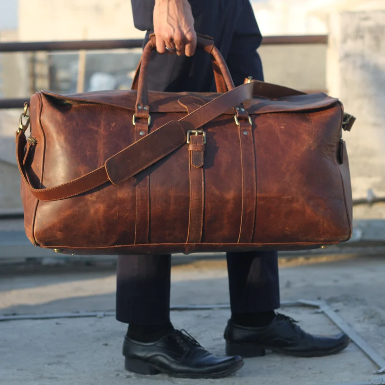 Personalized leather duffle bag men | Brown leather weekender travel holiday bag | Carry-on overnight leather bag | Custom gift for husband
