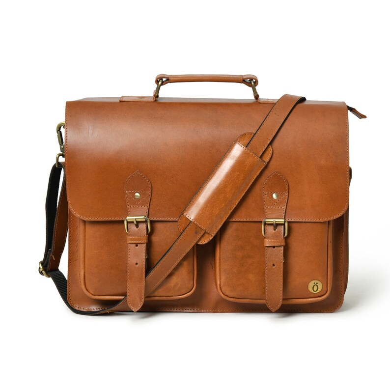 Personalized Leather Messenger Bag|Handmade Leather Satchel with Shoulder Straps|Mens Work Briefcase 15