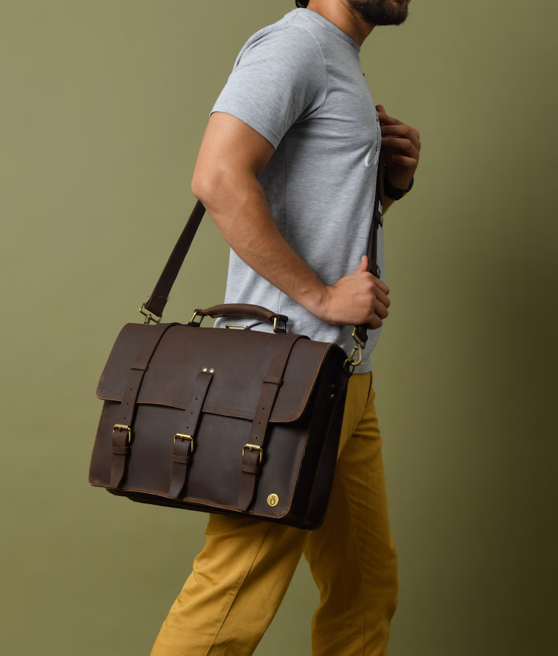 Leather Messenger Bag Briefcase for Men, Full Grain Leather Briefcase Laptop Computer Bag for Men, Genuine Leather Satchel Bag For Men, Gift
