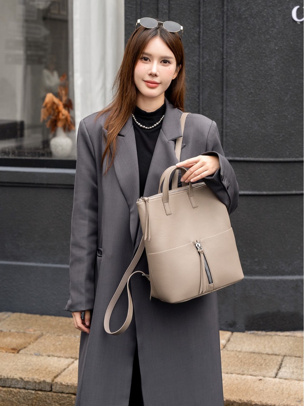 Women's Beige Leather Front Zip Detail Tote Backpack