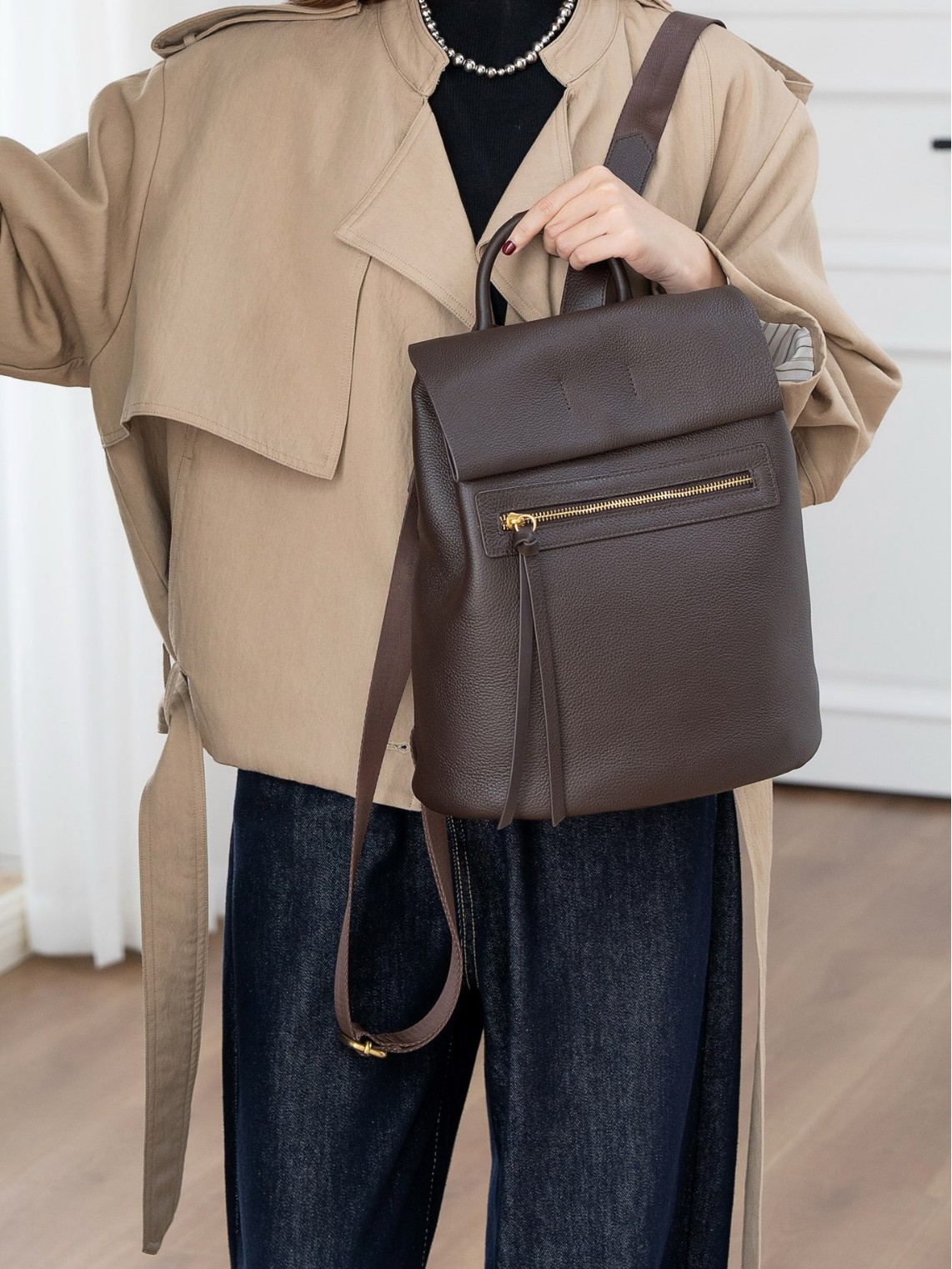 Women's Brown Leather Backpack with Front Zip Pocket