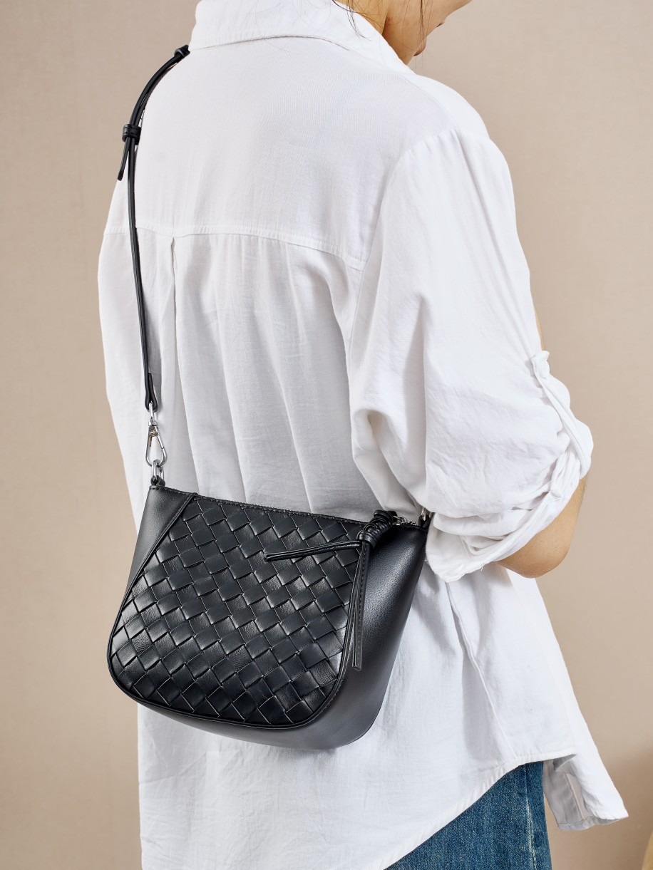 Women's Black Woven Half-Moon Crossbody Bag